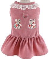 KUTKUT Small Dog Cat Frock, Lace Corduroy Dog Skirt Dress Cute Rabbit Head Harness Dress with D Ring for Puppy Yorkii, Maltese, Bichon etc - kutkutstyle